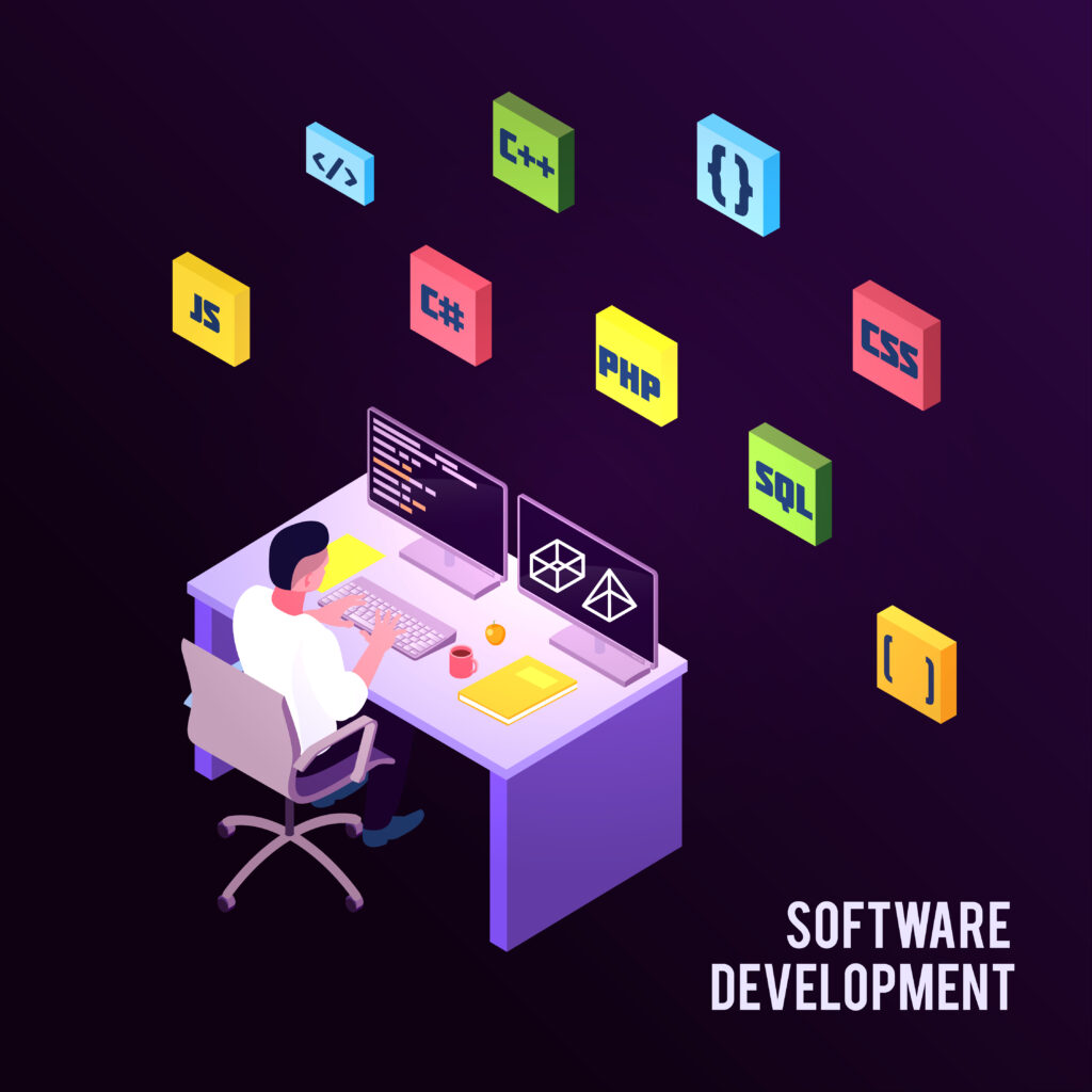 Colored isometric programmers composition with software development description and man sit on work vector illustration SSUCv3H4sIAAAAAAACA01RwU7DMAz9FSvnwkDcekPThOA0AeIycXATrwtL4ipJO6ap/46TbWg32+/5+eXlpDpMVqv2pKxzY8oRs+Wg2sdGkbGZo0Wn2oe5USljHhMl4UqnMVMvaO2vIptTmatWvd5opcXS2eHuOWYlImMn8BdpUVZzc+V/kt4Fdtwf/zlL9sOYKSY1fzcKewr6WE7L7UiOsDrZCLQ/CMtfbE3WEJ9LHI0tpZpYoxP8qdgWW+zLtI847KyOdqJYekNJx3rXcSQDNrGnHK2GIbKQvRcvoMUVJ1veBQebd5B4mw8YCQxN5HjwFDJULTtUFgYDHgPIEpQljnuY6vvhNvF7WEnc2DmC1fqjbr1TMCSsAG/rF9hy9FgizL8lMdVcojtrpQV3P1IlmfNevm+e5z/az9Rx3AEAAA==